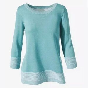 Chicos | Rib Trim Pullover Sweater Blue Crew Neck